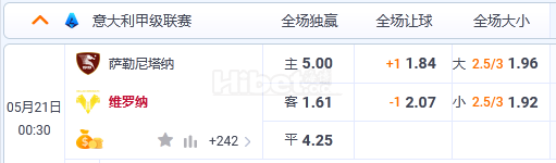 5月21日 0:30 意甲 萨勒尼塔纳VS维罗纳