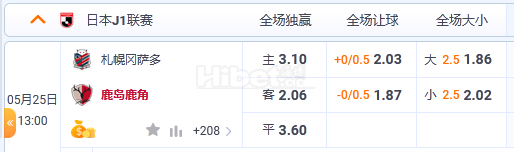 5月25日 13:00 日职联 札幌纲撒多VS鹿岛鹿角